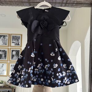 MAMA LUMA Elegant Black and Blue Floral Matte Satin Kids Formal Dress